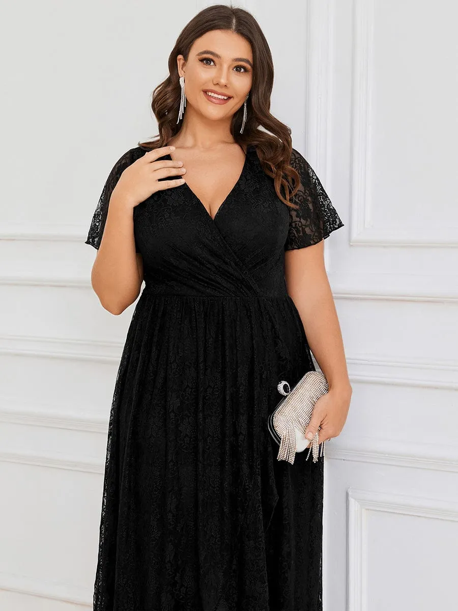 Pleated V-Neck Short Sleeve Ruffled Lace Wedding Guest Dress