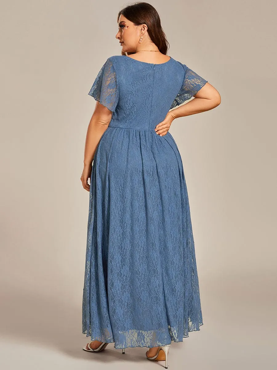 Pleated V-Neck Short Sleeve Ruffled Lace Wedding Guest Dress