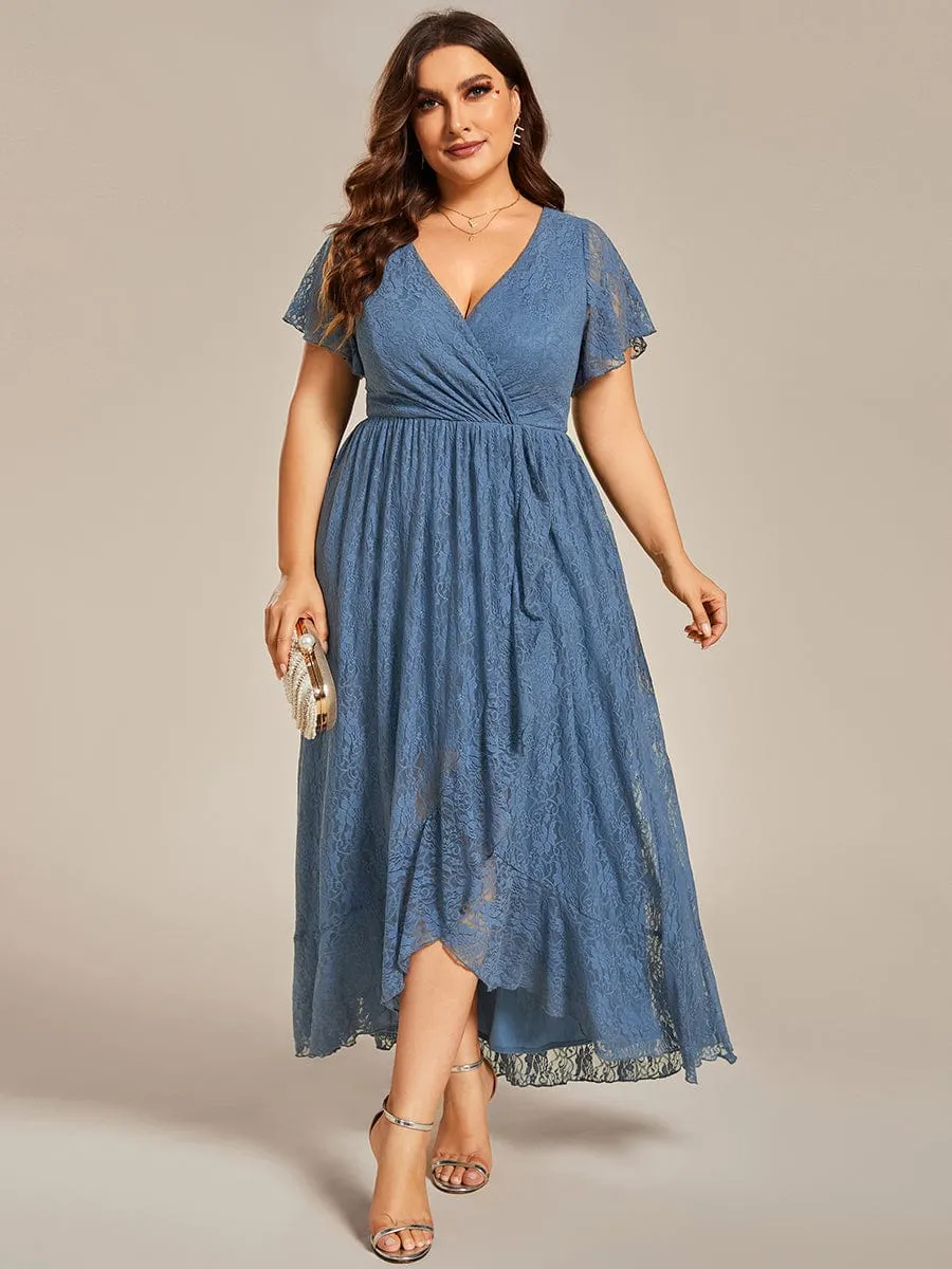 Pleated V-Neck Short Sleeve Ruffled Lace Wedding Guest Dress