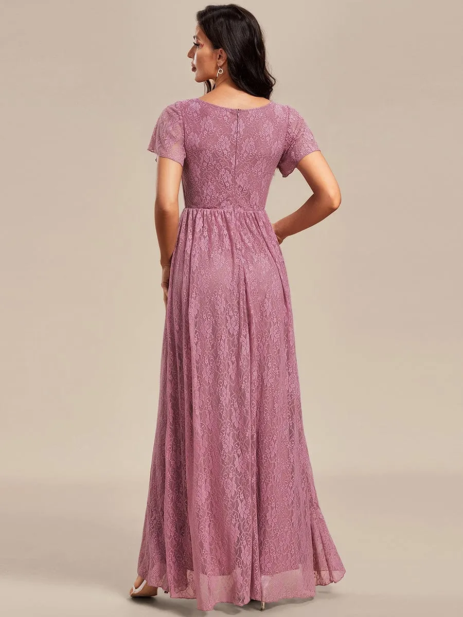 Pleated V-Neck Short Sleeve Ruffled Lace Wedding Guest Dress