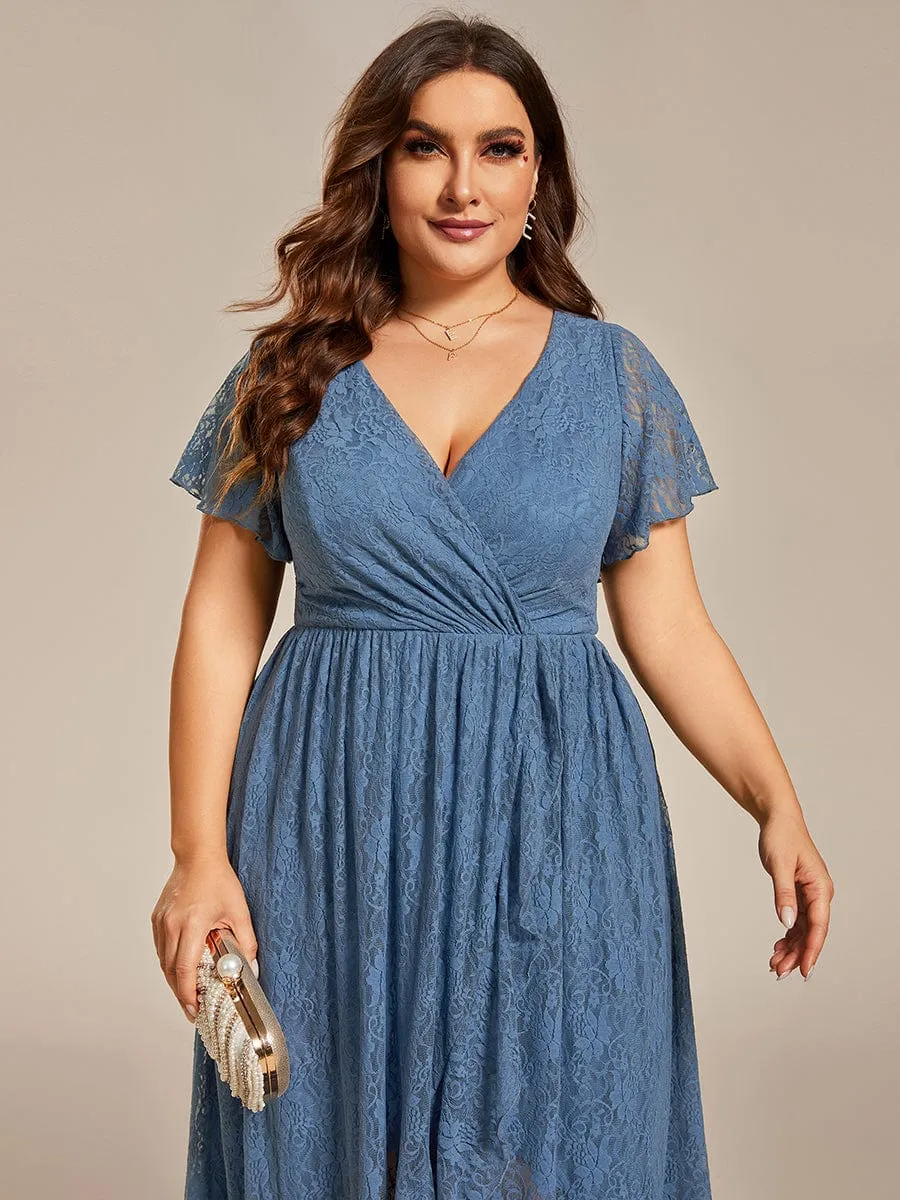 Pleated V-Neck Short Sleeve Ruffled Lace Wedding Guest Dress