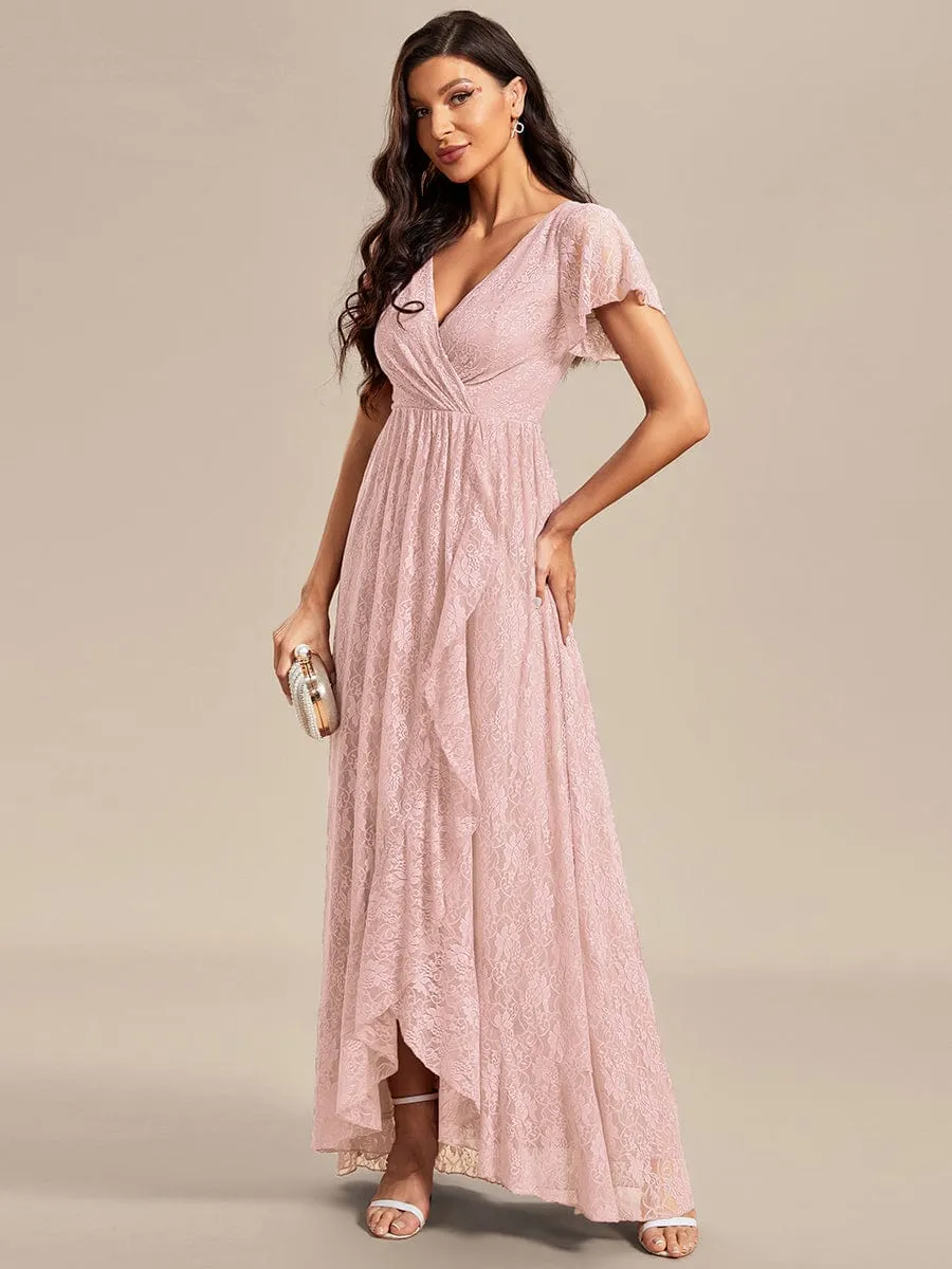Pleated V-Neck Short Sleeve Ruffled Lace Wedding Guest Dress