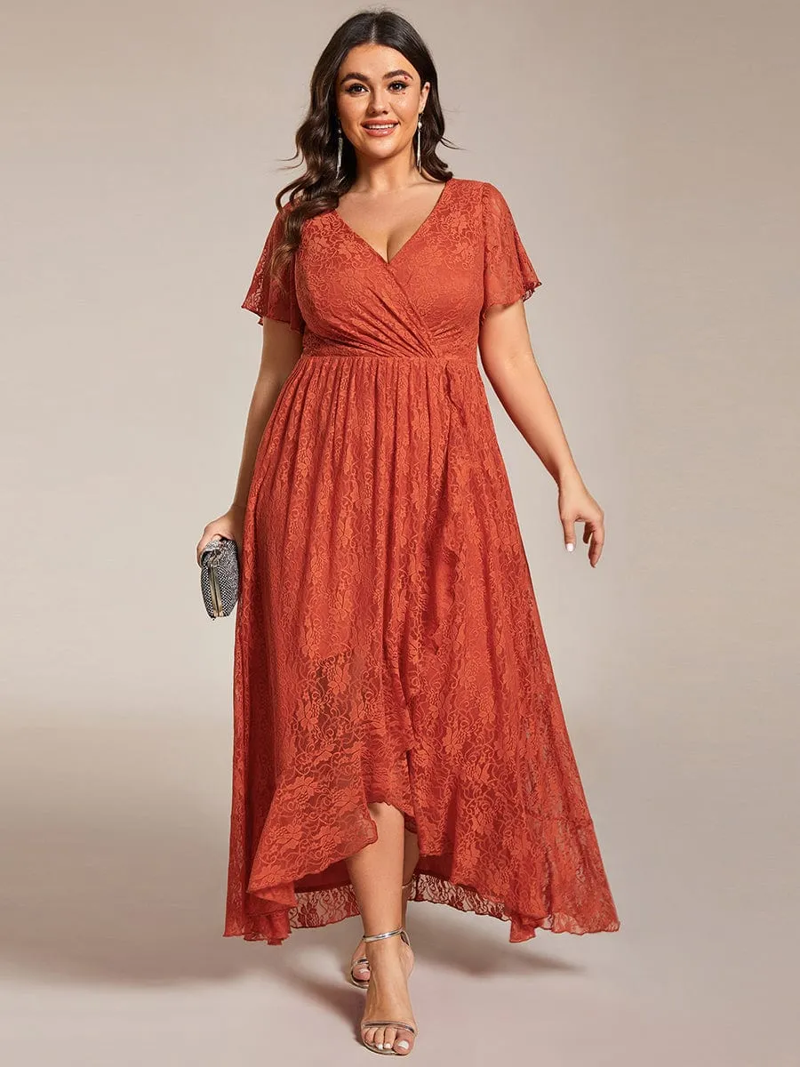Pleated V-Neck Short Sleeve Ruffled Lace Wedding Guest Dress