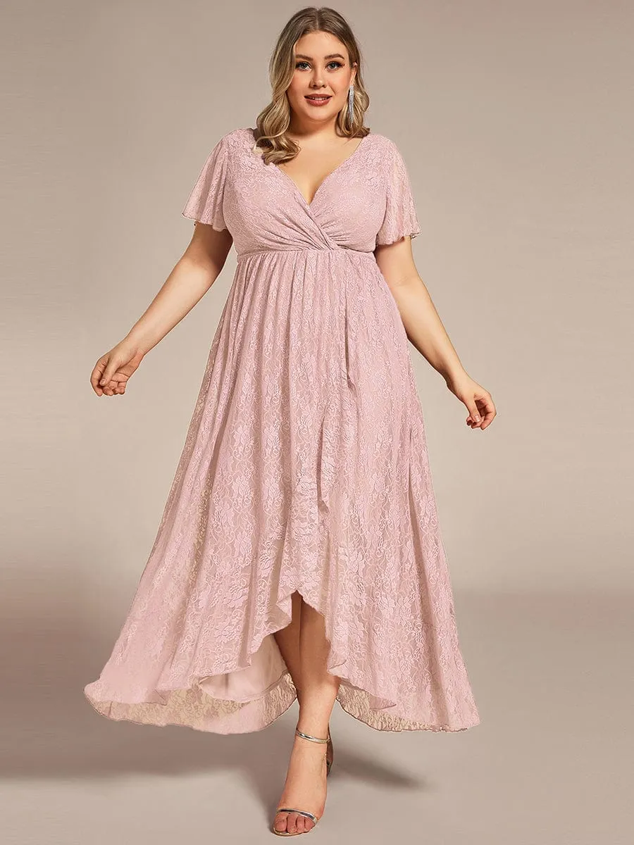 Pleated V-Neck Short Sleeve Ruffled Lace Wedding Guest Dress