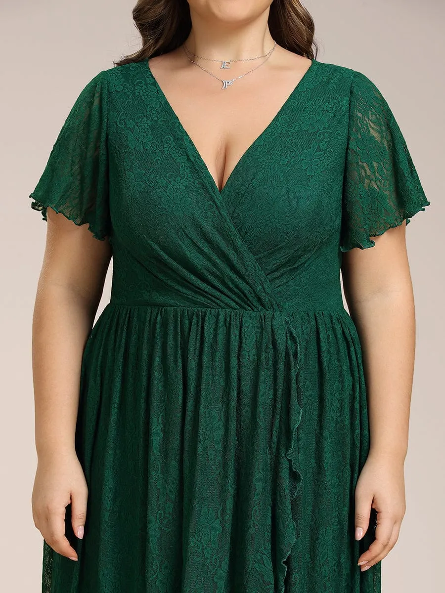 Pleated V-Neck Short Sleeve Ruffled Lace Wedding Guest Dress