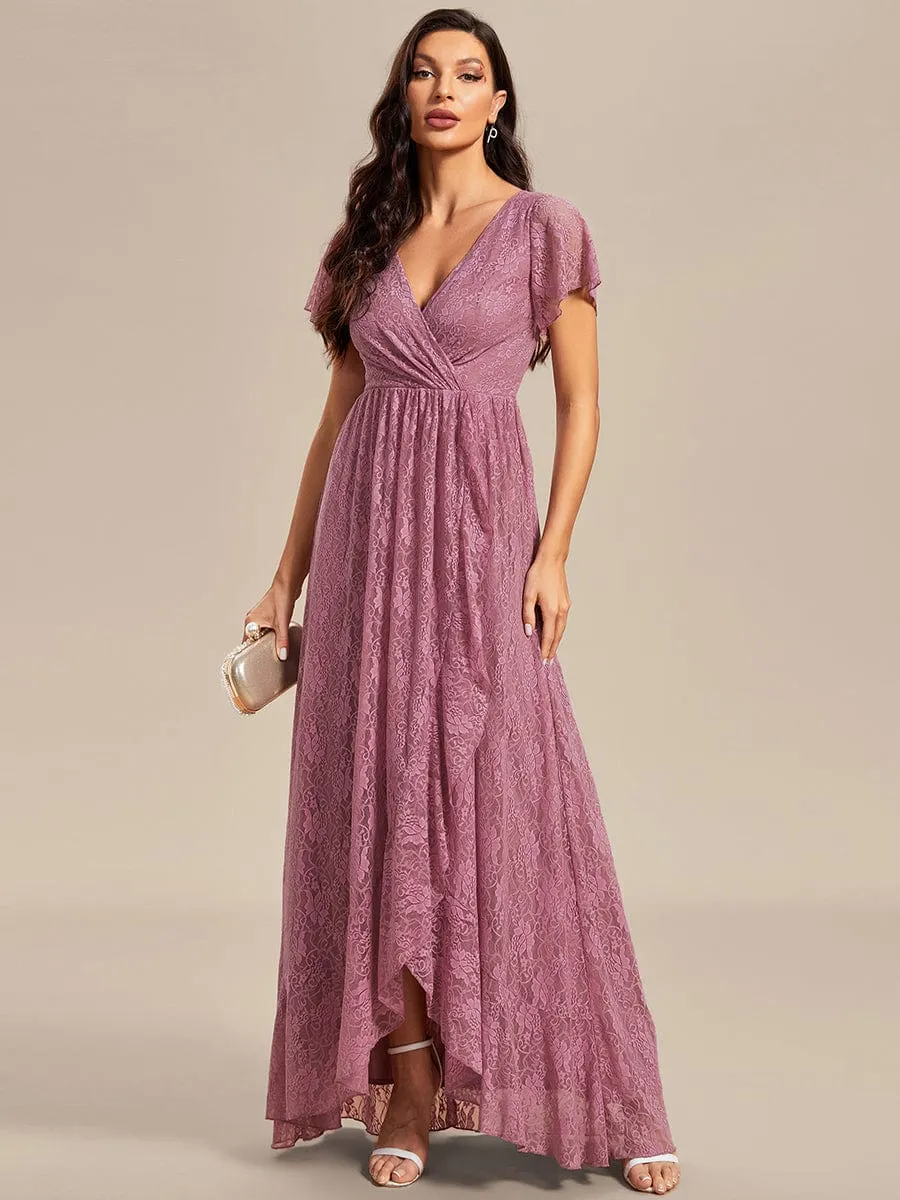 Pleated V-Neck Short Sleeve Ruffled Lace Wedding Guest Dress