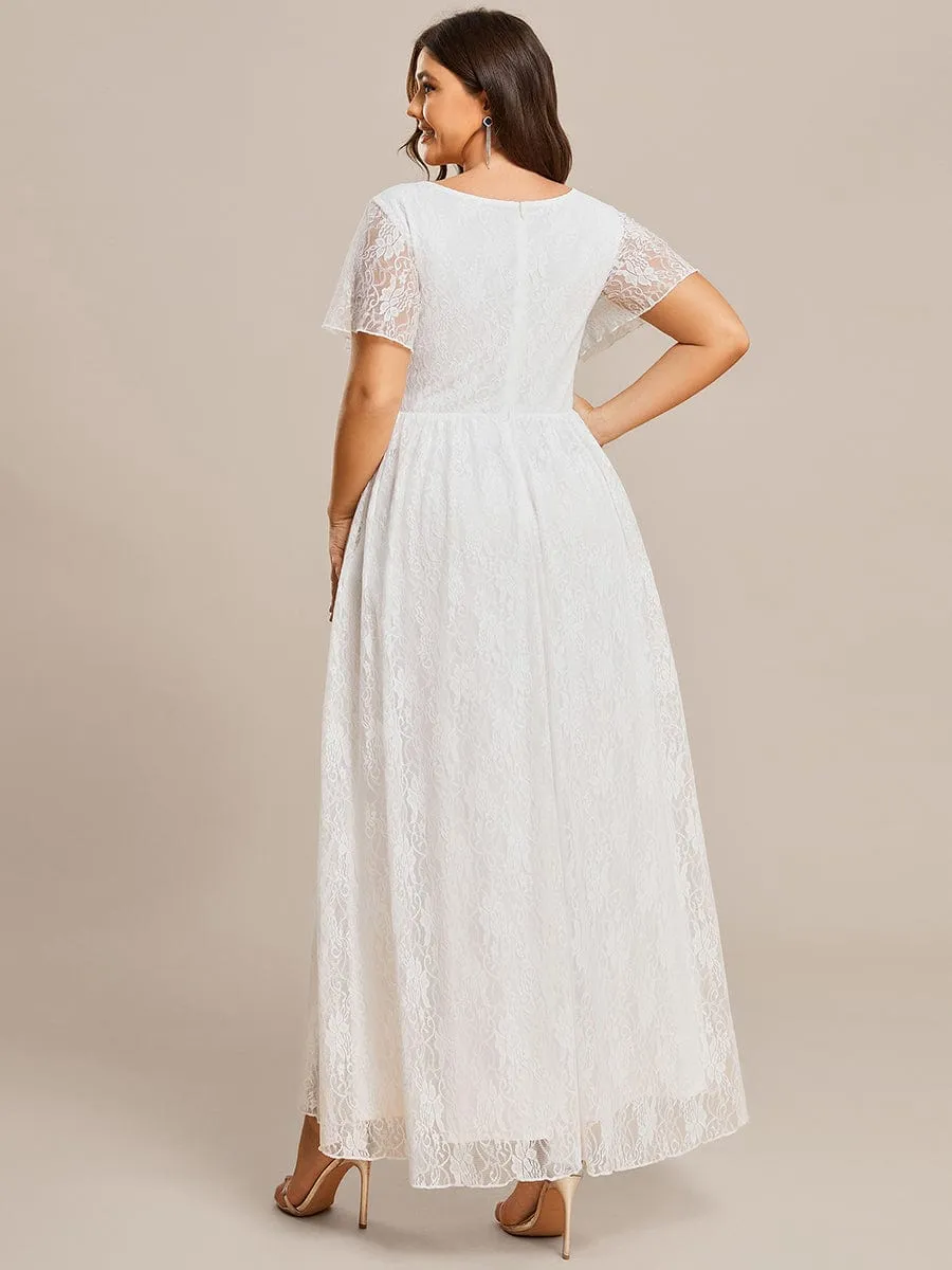 Pleated V-Neck Short Sleeve Ruffled Lace Wedding Guest Dress