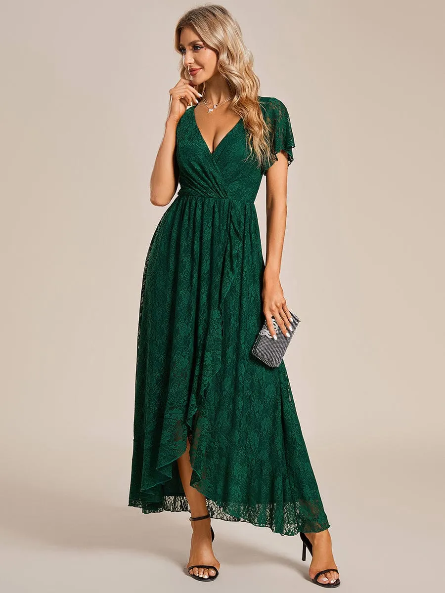 Pleated V-Neck Short Sleeve Ruffled Lace Wedding Guest Dress