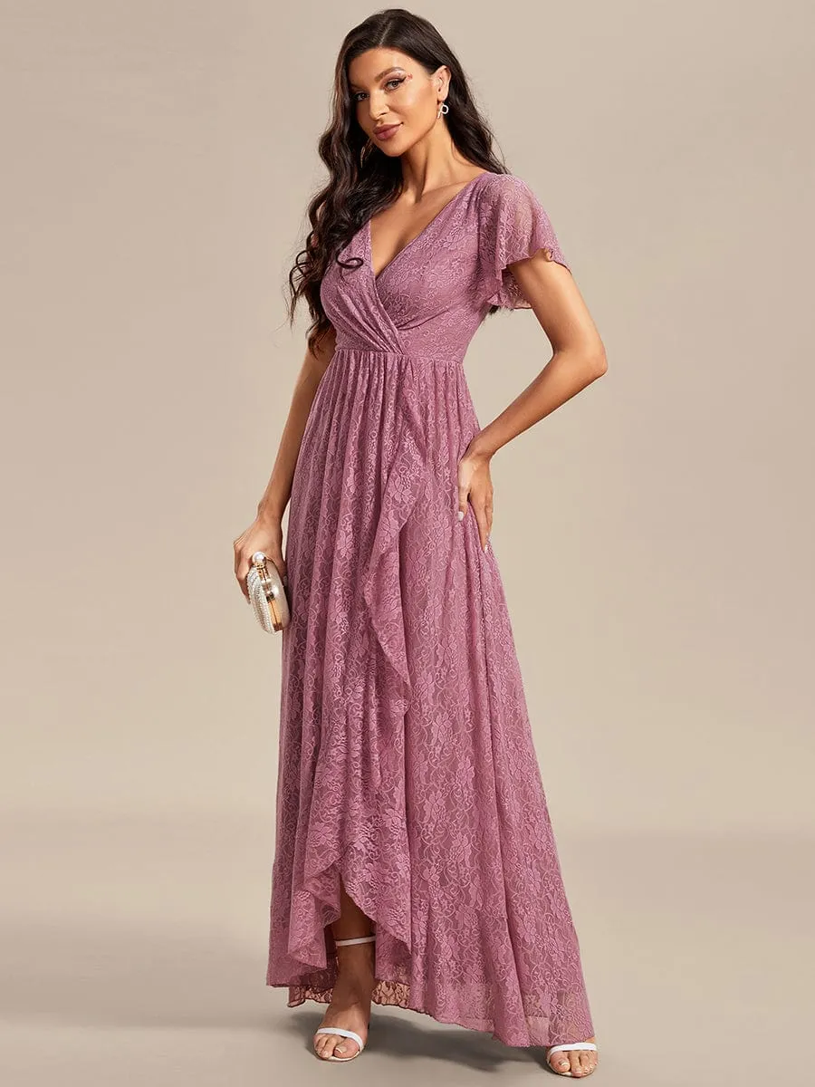 Pleated V-Neck Short Sleeve Ruffled Lace Wedding Guest Dress