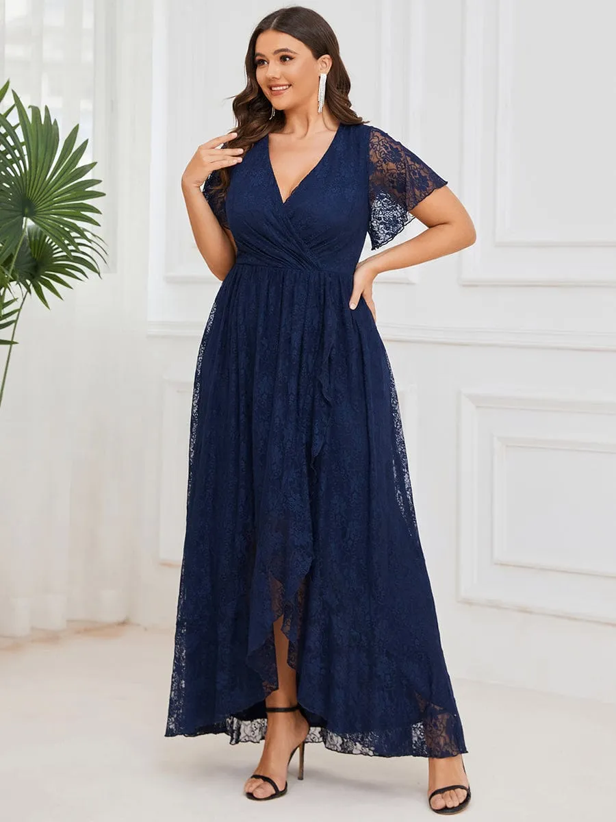 Pleated V-Neck Short Sleeve Ruffled Lace Wedding Guest Dress