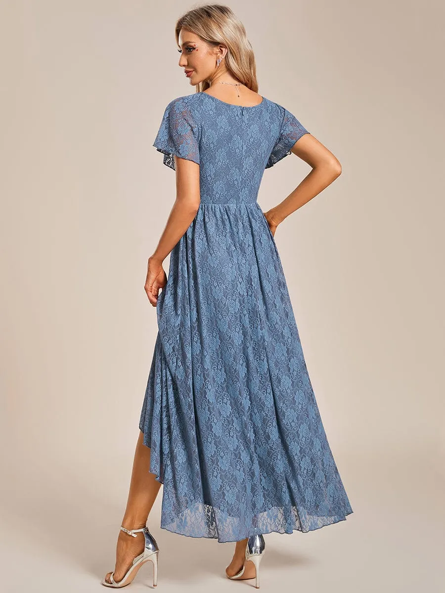 Pleated V-Neck Short Sleeve Ruffled Lace Wedding Guest Dress