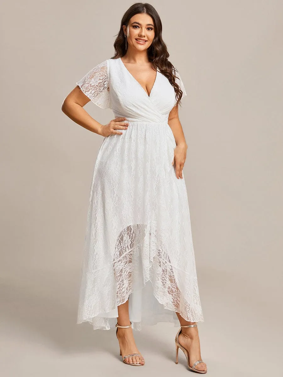 Pleated V-Neck Short Sleeve Ruffled Lace Wedding Guest Dress