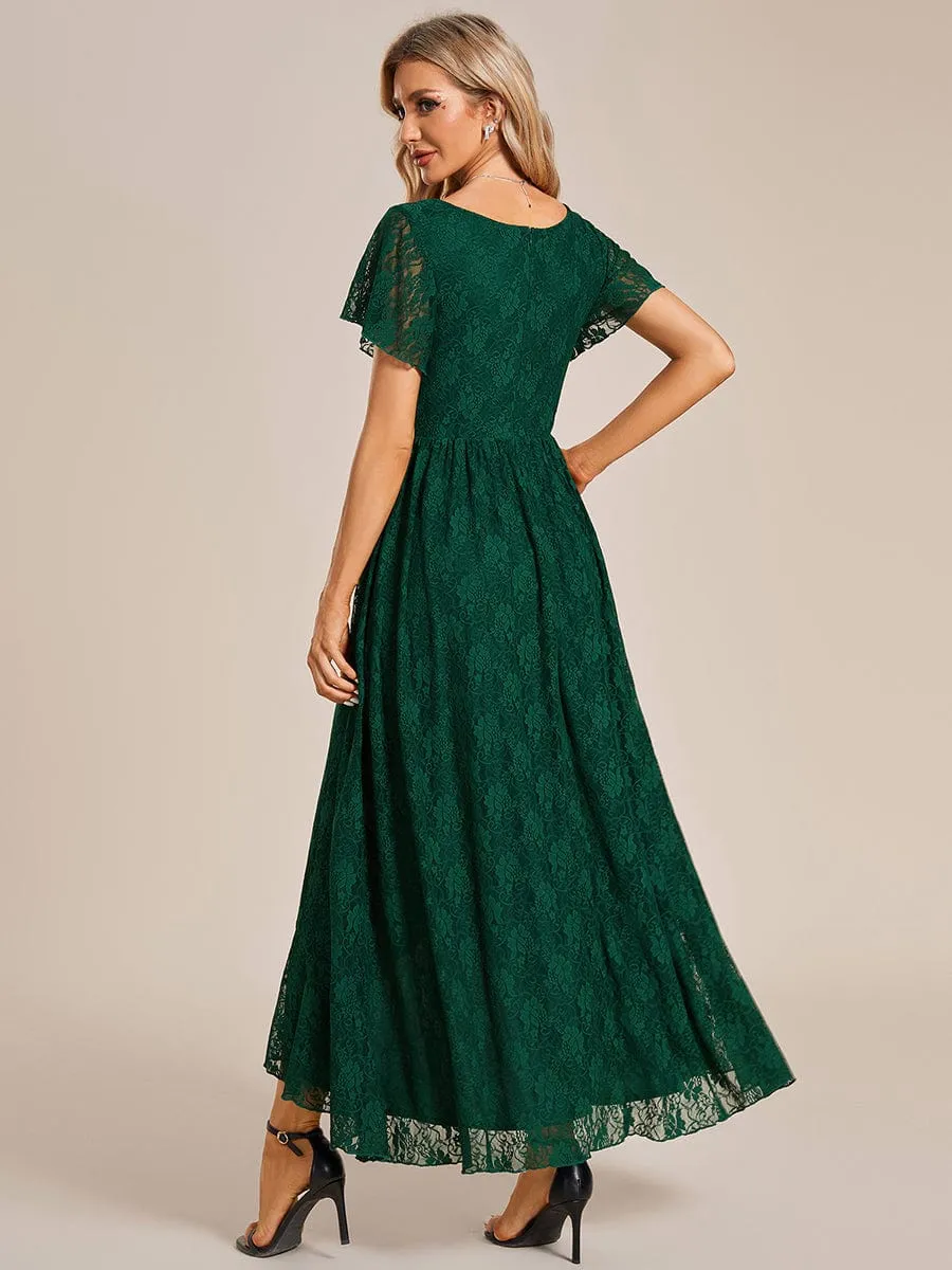Pleated V-Neck Short Sleeve Ruffled Lace Wedding Guest Dress