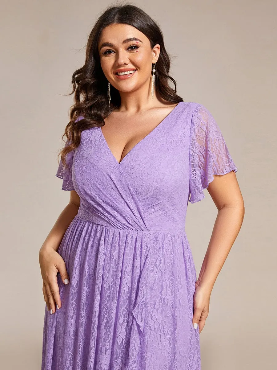 Pleated V-Neck Short Sleeve Ruffled Lace Wedding Guest Dress