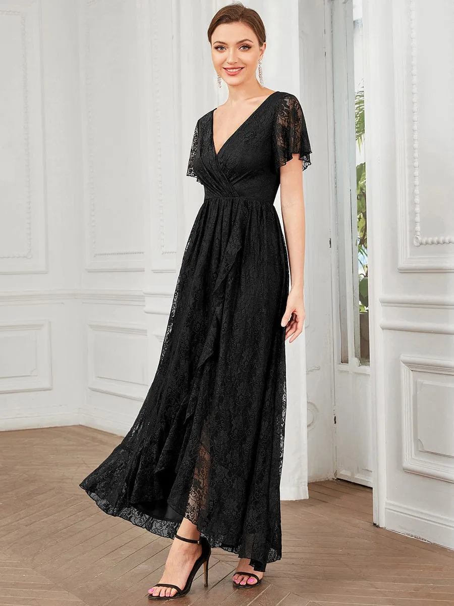 Pleated V-Neck Short Sleeve Ruffled Lace Wedding Guest Dress