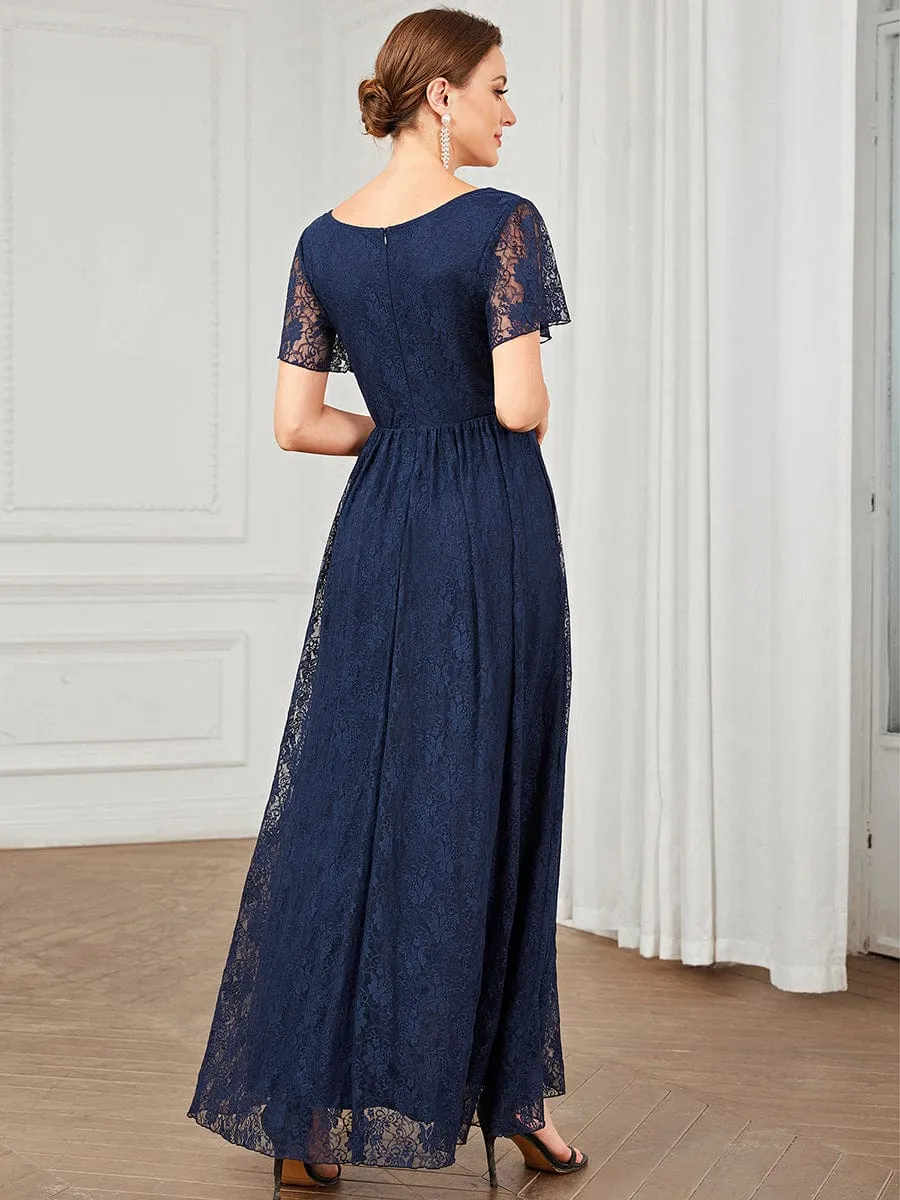Pleated V-Neck Short Sleeve Ruffled Lace Wedding Guest Dress