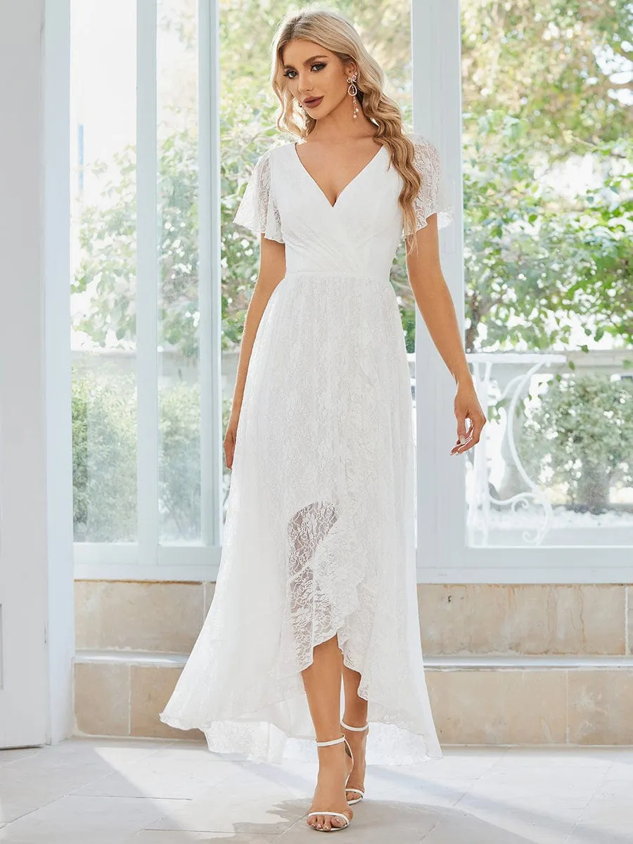 Pleated V-Neck Short Sleeve Ruffled Lace Wedding Guest Dress