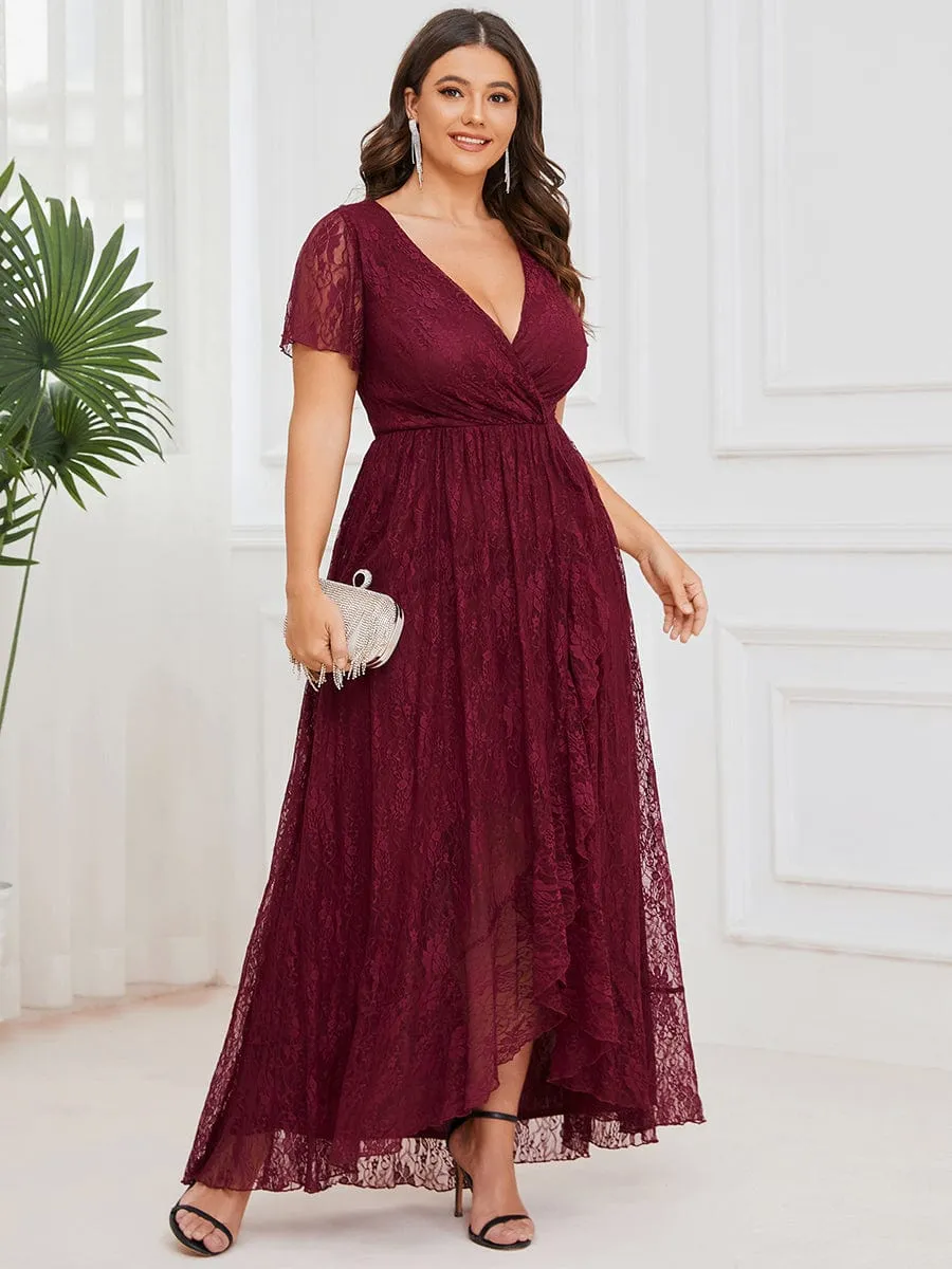 Pleated V-Neck Short Sleeve Ruffled Lace Wedding Guest Dress