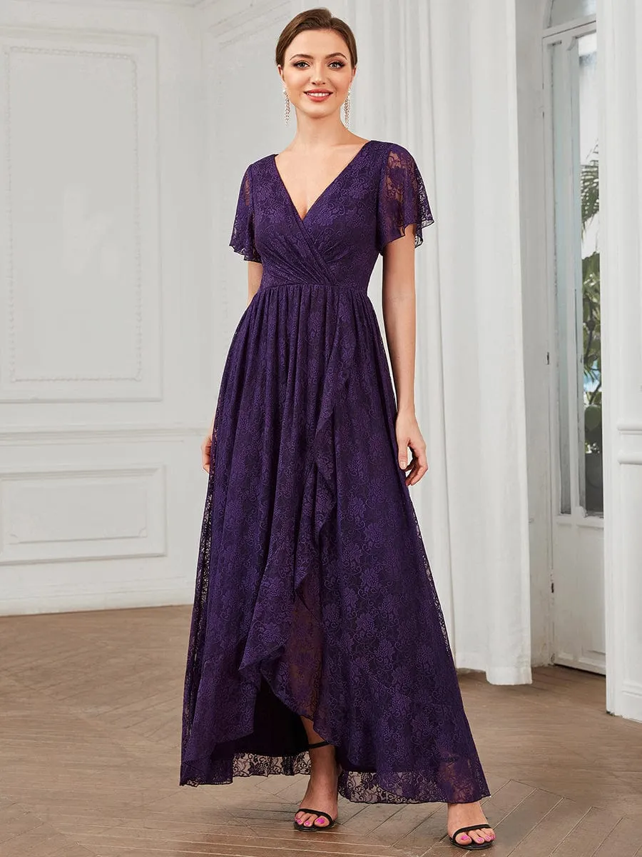 Pleated V-Neck Short Sleeve Ruffled Lace Wedding Guest Dress
