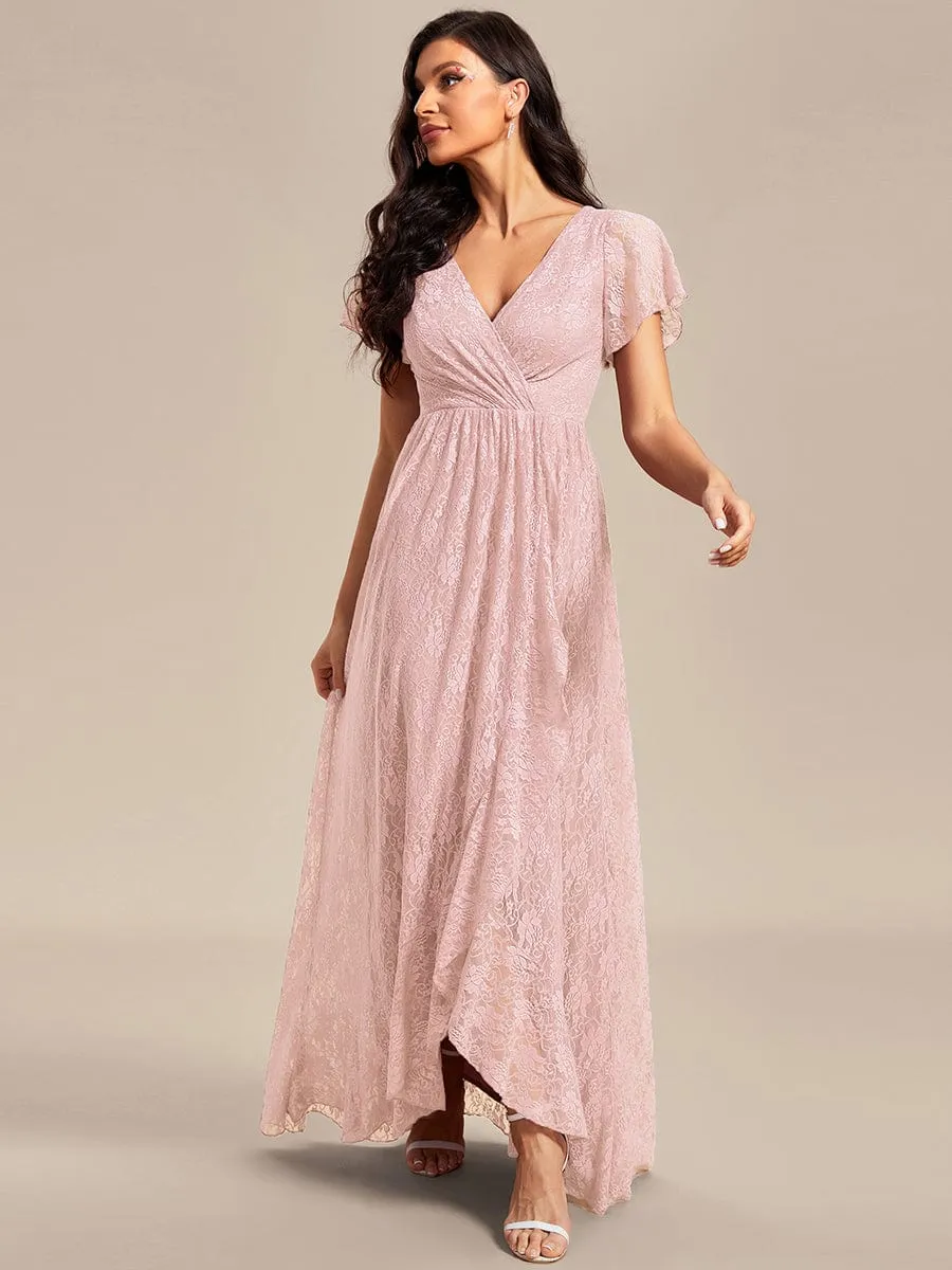 Pleated V-Neck Short Sleeve Ruffled Lace Wedding Guest Dress