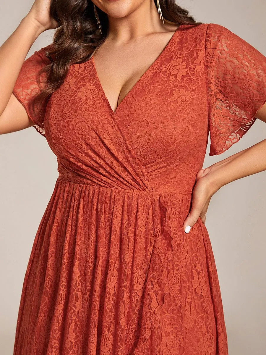 Pleated V-Neck Short Sleeve Ruffled Lace Wedding Guest Dress