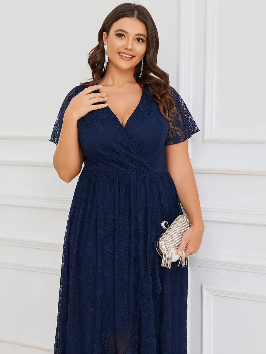 Pleated V-Neck Short Sleeve Ruffled Lace Wedding Guest Dress
