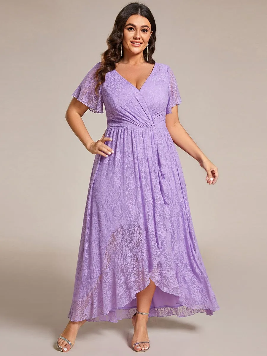 Pleated V-Neck Short Sleeve Ruffled Lace Wedding Guest Dress