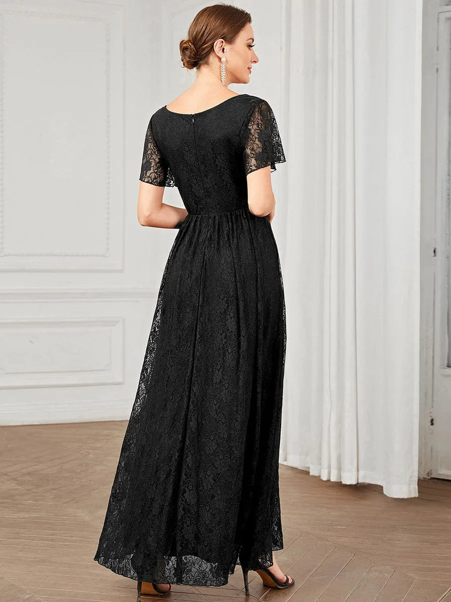 Pleated V-Neck Short Sleeve Ruffled Lace Wedding Guest Dress