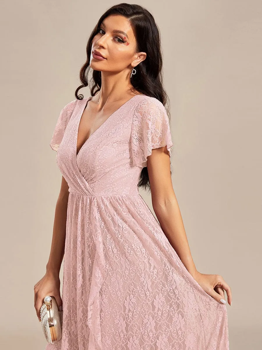 Pleated V-Neck Short Sleeve Ruffled Lace Wedding Guest Dress