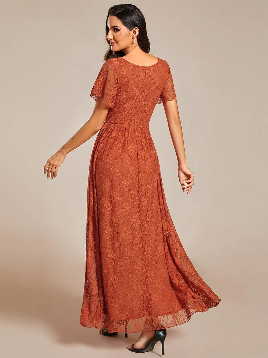 Pleated V-Neck Short Sleeve Ruffled Lace Wedding Guest Dress