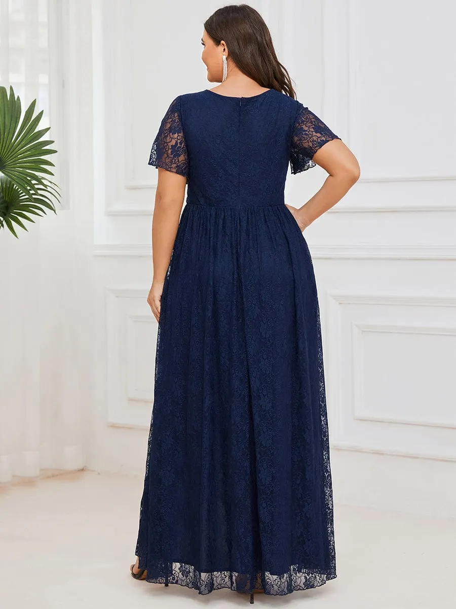 Pleated V-Neck Short Sleeve Ruffled Lace Wedding Guest Dress