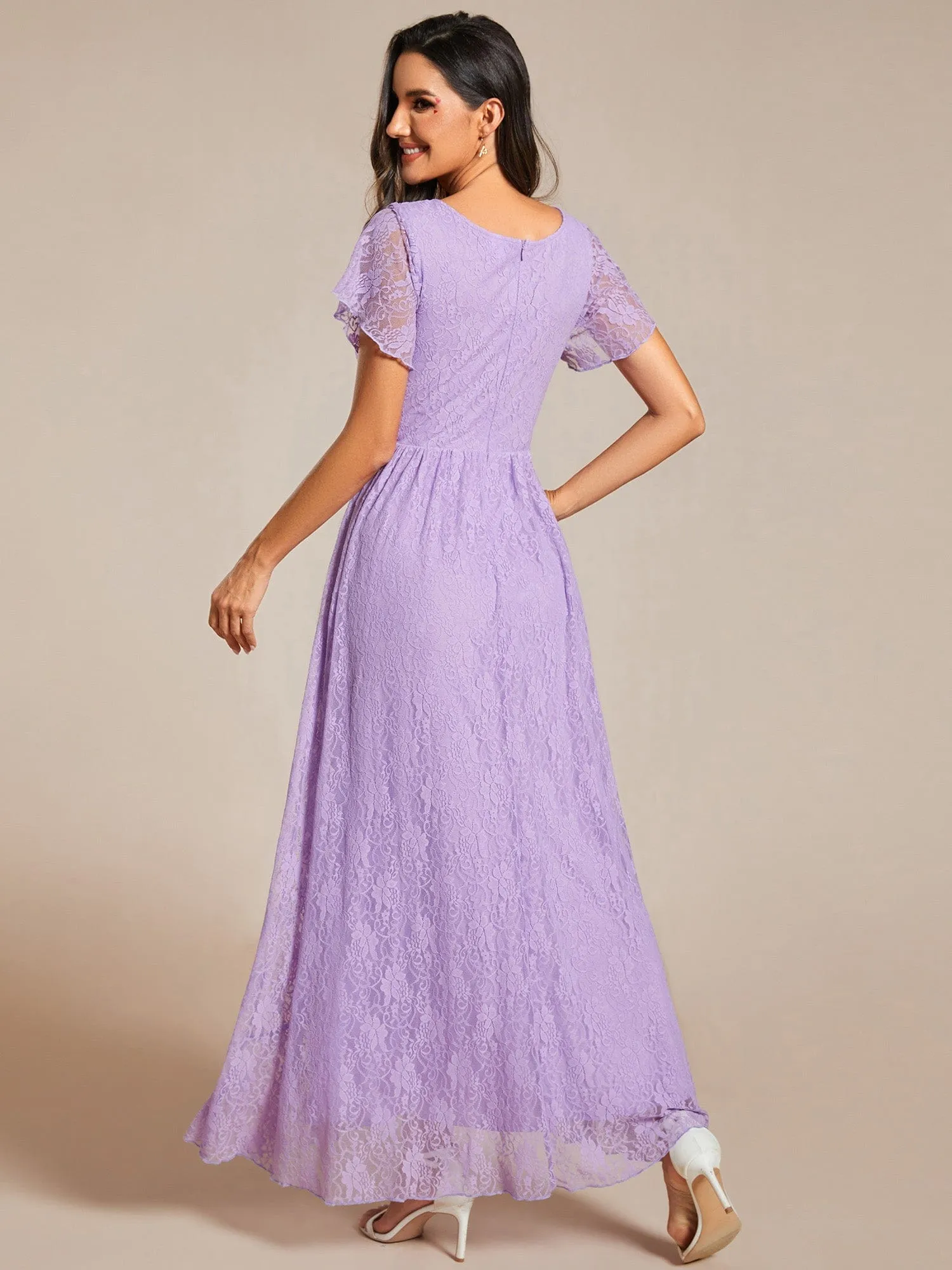 Pleated V-Neck Short Sleeve Ruffled Lace Wedding Guest Dress