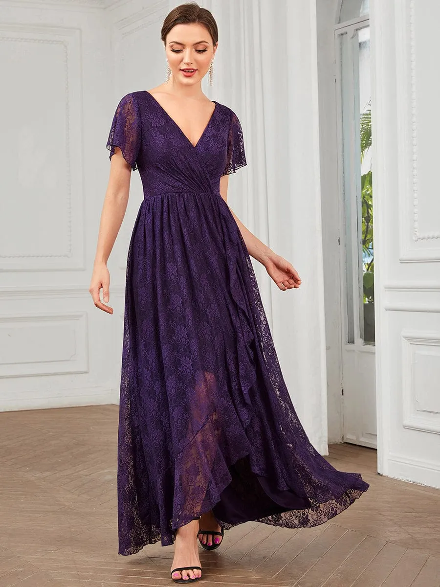 Pleated V-Neck Short Sleeve Ruffled Lace Wedding Guest Dress