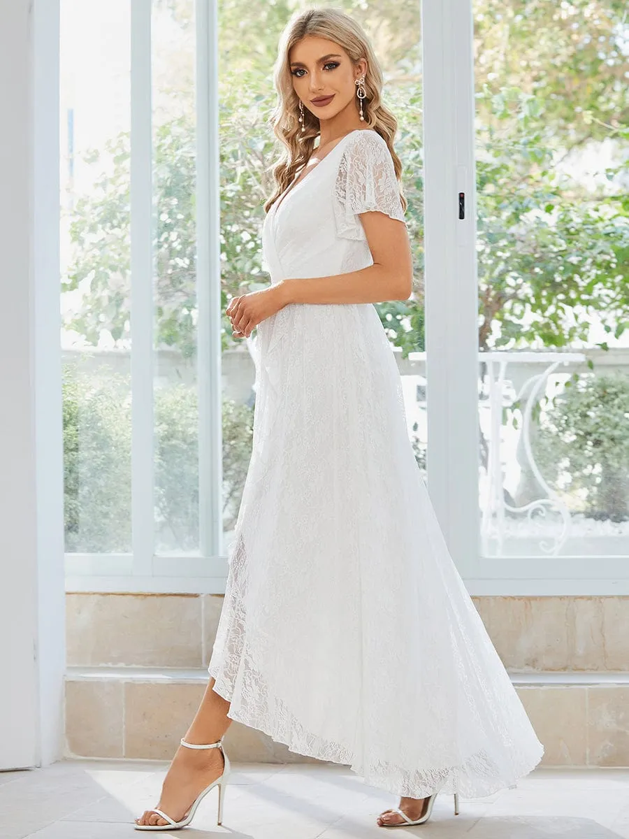 Pleated V-Neck Short Sleeve Ruffled Lace Wedding Guest Dress