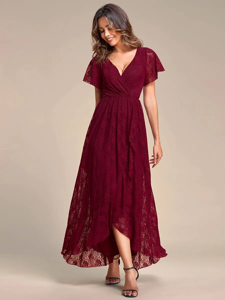 Pleated V-Neck Short Sleeve Ruffled Lace Wedding Guest Dress
