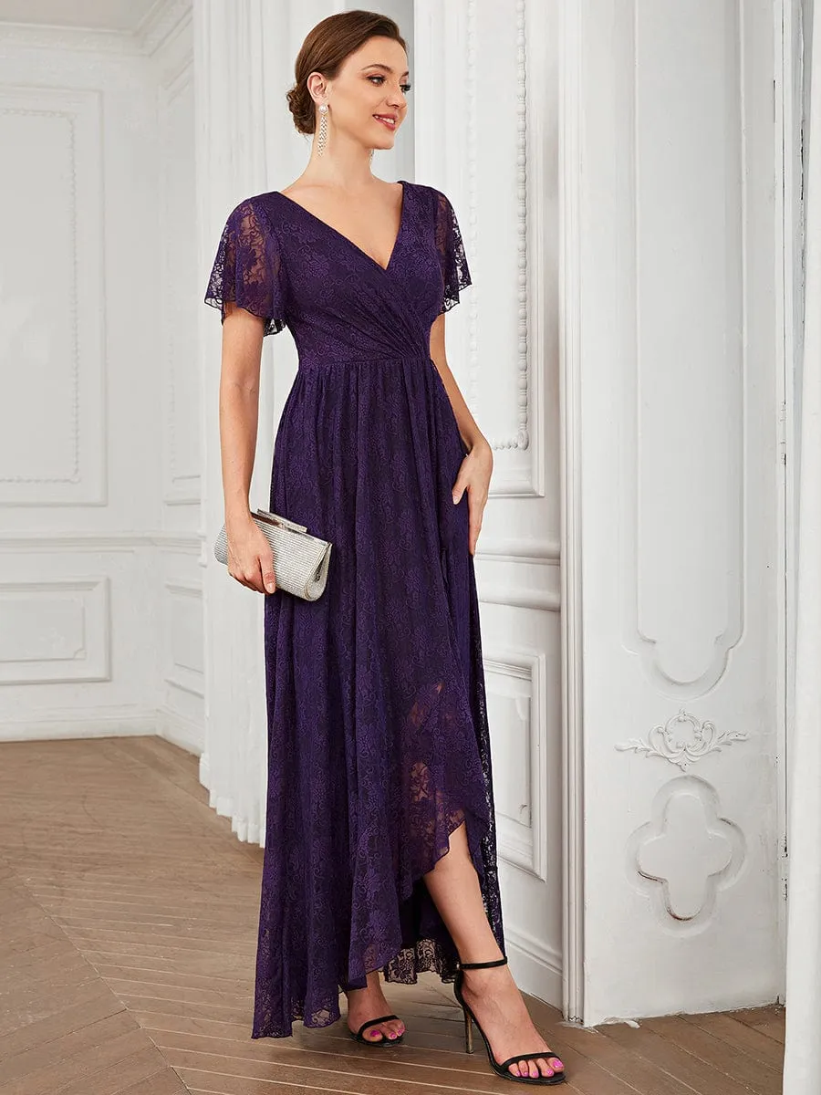 Pleated V-Neck Short Sleeve Ruffled Lace Wedding Guest Dress