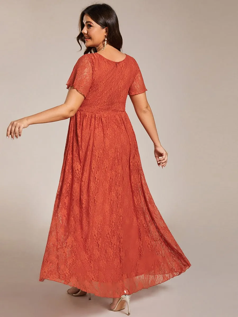 Pleated V-Neck Short Sleeve Ruffled Lace Wedding Guest Dress