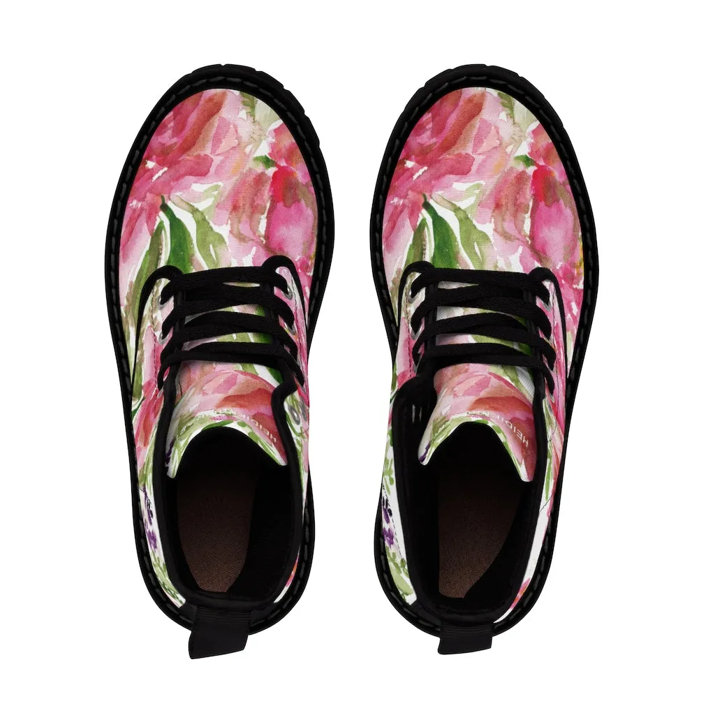 Rose Floral Print Women's Boots, Watercolor Rose Flower Printed Ladies' Combat Hiking Boots