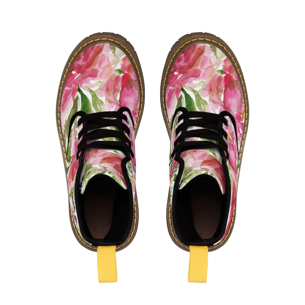 Rose Floral Print Women's Boots, Watercolor Rose Flower Printed Ladies' Combat Hiking Boots