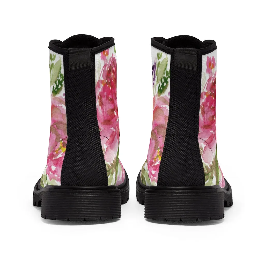 Rose Floral Print Women's Boots, Watercolor Rose Flower Printed Ladies' Combat Hiking Boots