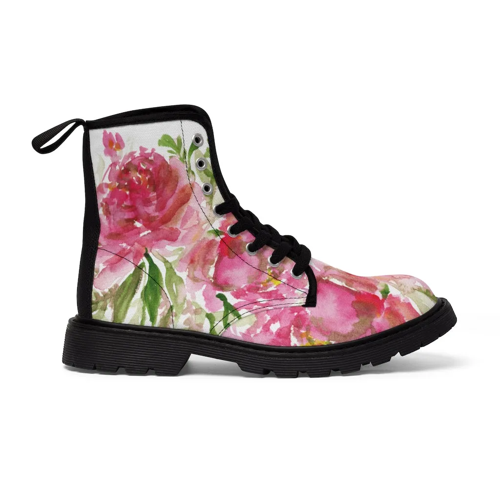 Rose Floral Print Women's Boots, Watercolor Rose Flower Printed Ladies' Combat Hiking Boots