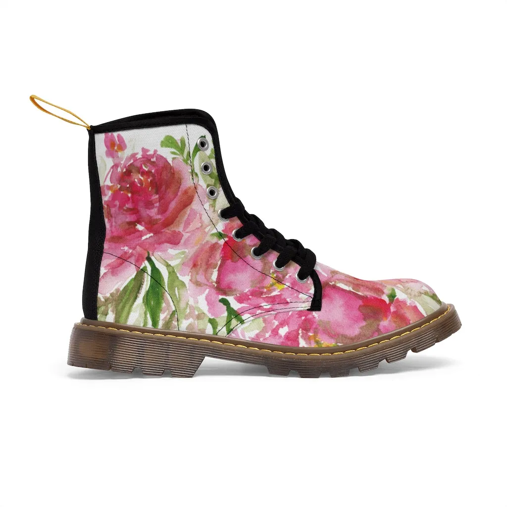 Rose Floral Print Women's Boots, Watercolor Rose Flower Printed Ladies' Combat Hiking Boots