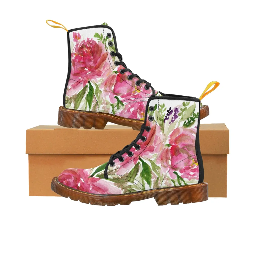 Rose Floral Print Women's Boots, Watercolor Rose Flower Printed Ladies' Combat Hiking Boots