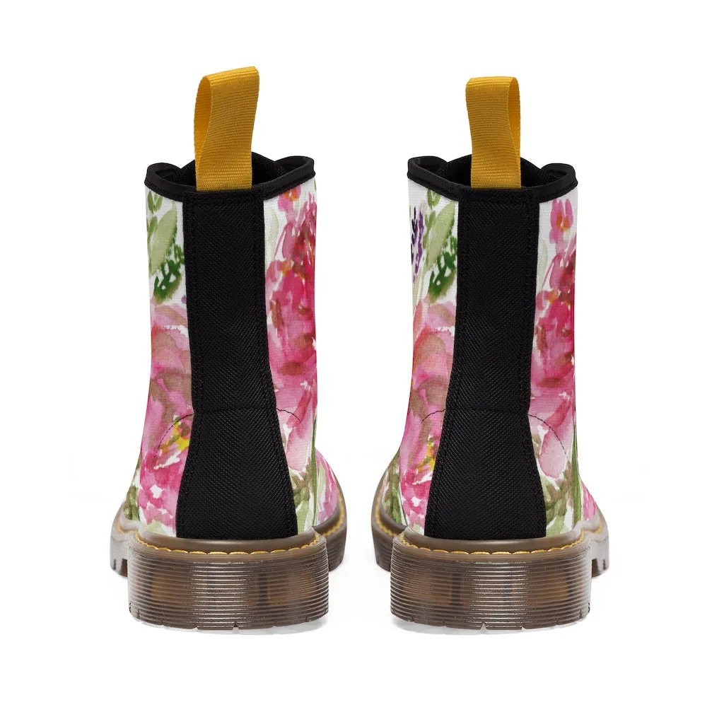 Rose Floral Print Women's Boots, Watercolor Rose Flower Printed Ladies' Combat Hiking Boots