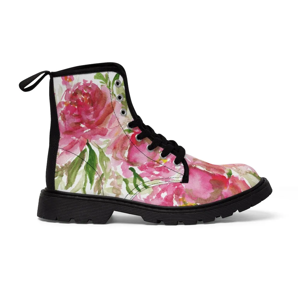 Rose Floral Print Women's Boots, Watercolor Rose Flower Printed Ladies' Combat Hiking Boots