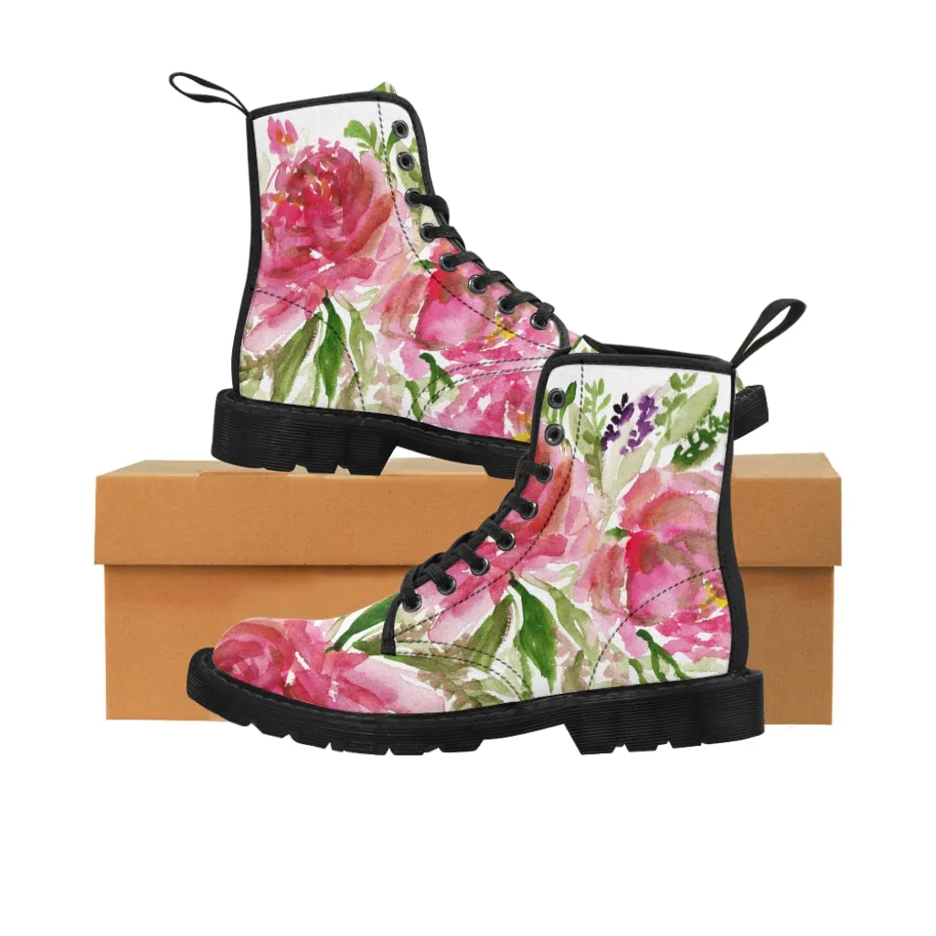 Rose Floral Print Women's Boots, Watercolor Rose Flower Printed Ladies' Combat Hiking Boots