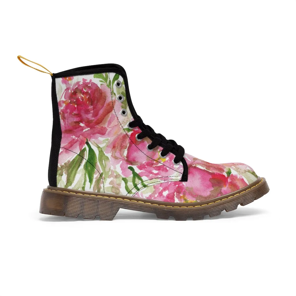 Rose Floral Print Women's Boots, Watercolor Rose Flower Printed Ladies' Combat Hiking Boots