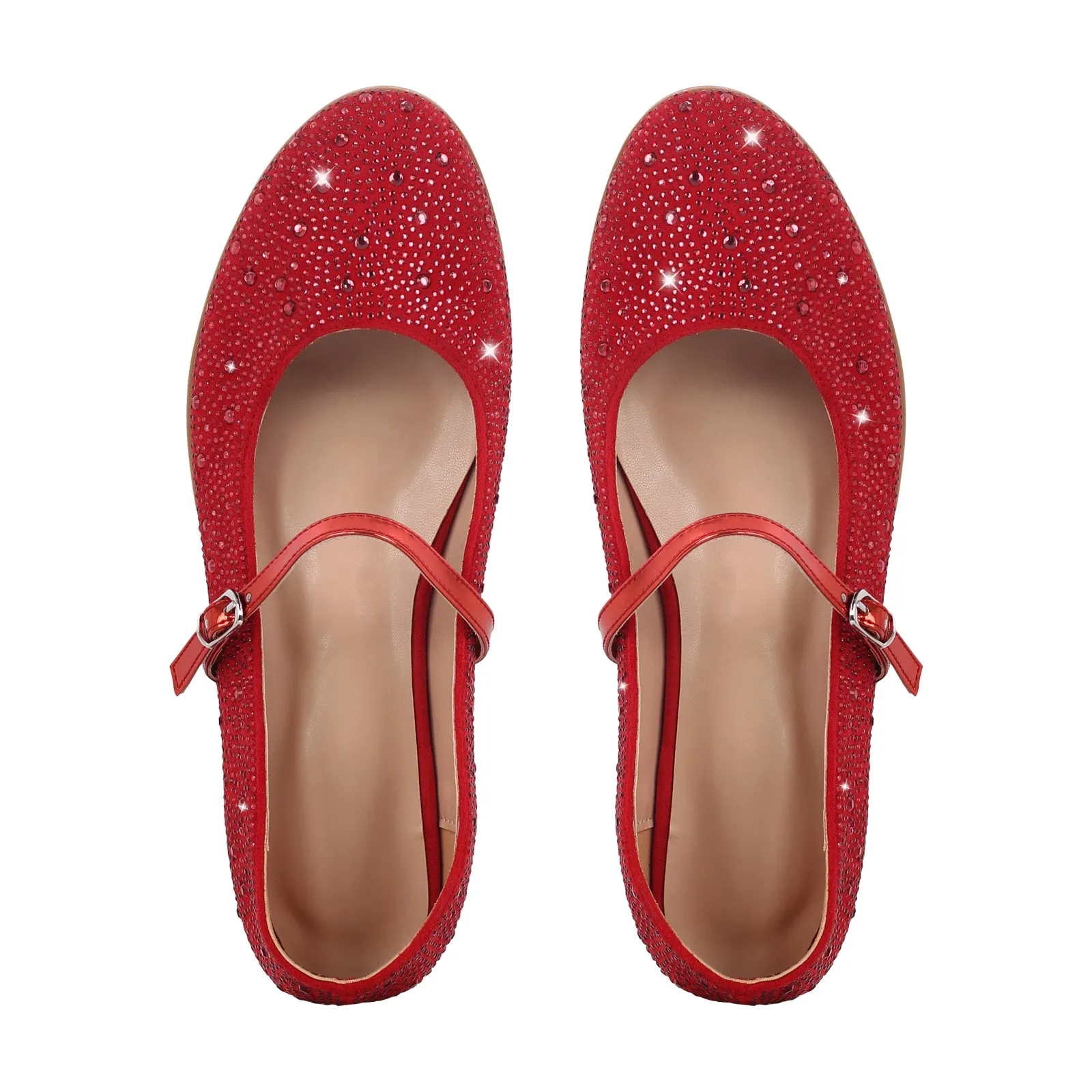 Round Toe Rhinestone Buckle Strap Flats