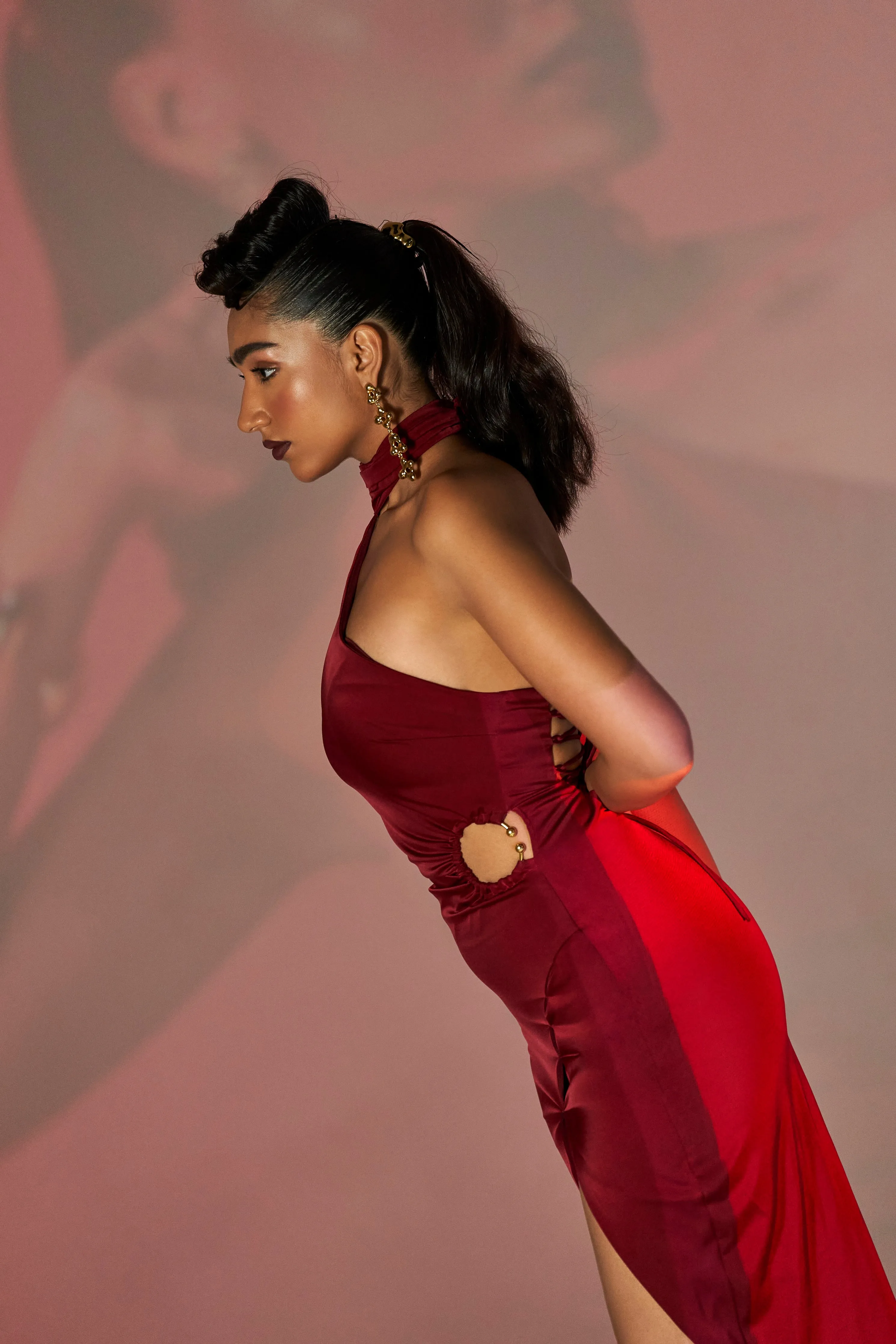 Roux Burgundy Stretch Satin Asymmetrical Cutout Dress