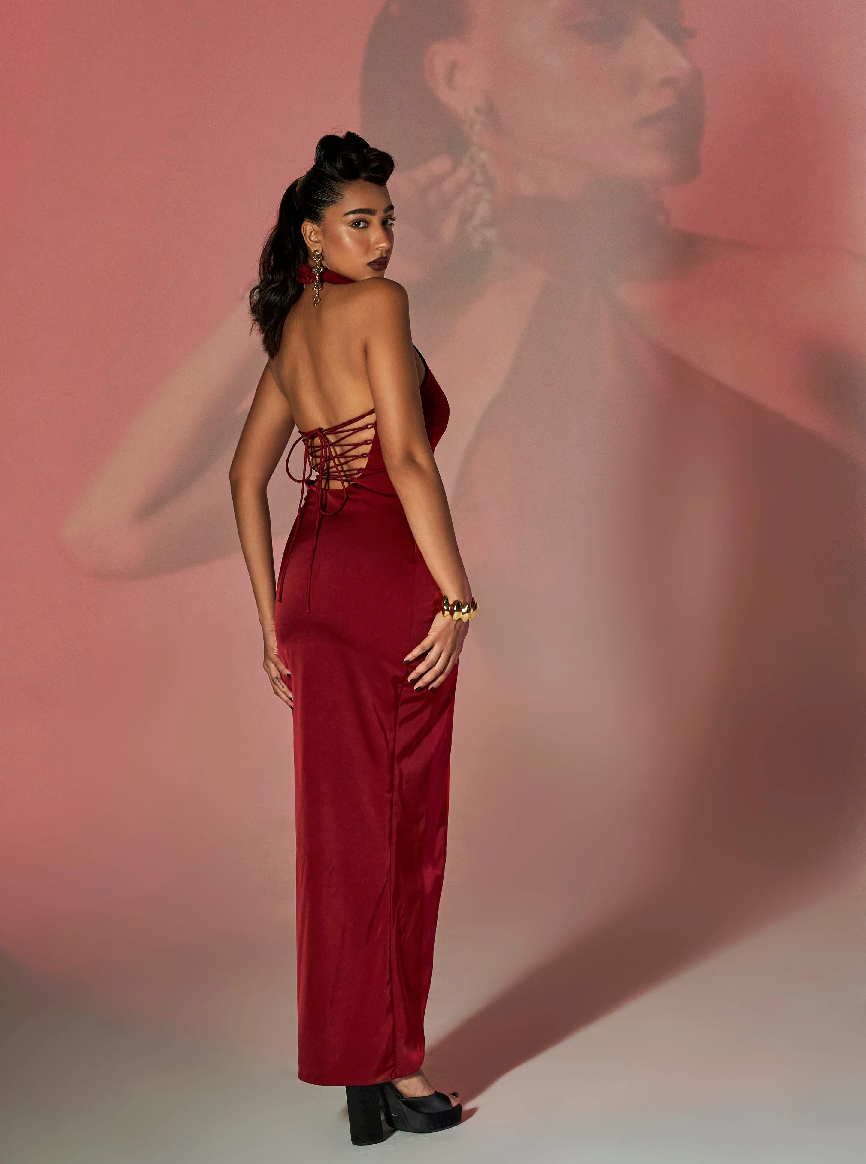Roux Burgundy Stretch Satin Asymmetrical Cutout Dress